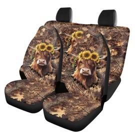 Wanyint Highland Cow Camo Hunting Forest Car Seat Protector Set for Men Women, Non-Slip Car Seat Covers for Front and Back Seats Universal Fit Most Cars SUV Vans