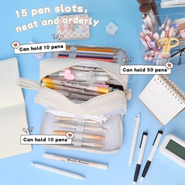 iSuperb Big Capacity Corduroy Pencil Case 3 Compartments Pen Pouch Simple Organizer Bag Large Capacity Pencil Box for Adults (Beige)