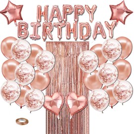 Rose Gold Birthday Party Decoration Set, 27 Pieces with Balloons, Curtain