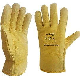 A406 2 PAIRS Driver Gloves Yellow Leather Gloves Fleece Cotton Lined Leather Lorry Drivers Work Gloves (Large)
