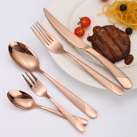 A · HOUSEWARE Hammered Flatware Set Copper/Rose Gold Silverware 20 Piece Stainless Steel Service for 4 Forks Knives Spoons Heavy Thickened Handle Elegant Modern Design Kitchen Use Festival Parties…