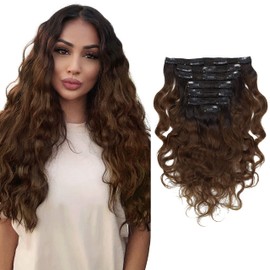 Anrosa 20 inch Human Hair Extensions Clip in Natural Wave Curly #1B/4 Dark Brown Color Full Head 120gram Ombre Color Natural Wavy Curls 7pieces 17clips Per Pack