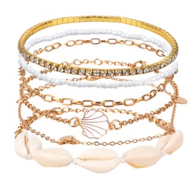 Mikovivi Fußkettchen-Set mit Perlen für Damen, Verstellbare Goldene Boho-Fußkettchen mit Muschelperlen und Anhängern Hawaiianischer Sommer-Fußschmuck