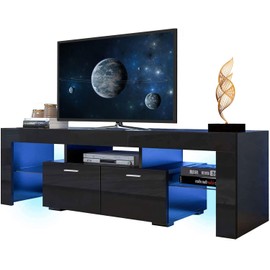 Henf LED TV Stand for 65 Inch TVs Black Glossy Entertainment Center with LED Lights TV Stand with Flip Down Drawer, Media Console Table Television Stand Desk for Living Room
