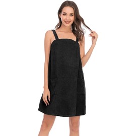 Vanrose Jan Women's Towel Dresses with Straps Bath Wrap Set with Facial Headband Shower Body Wrap Towel Robe Black XL