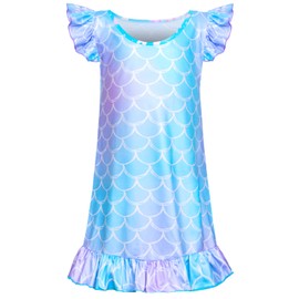 Fiodrimy Girls Nightgowns Unicorn Sleepwear Soft Nightgown Night Dress for Kids Sleep Dress Nightie(Blue Mermaid, 8-9 Years)