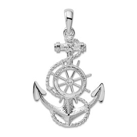 JewelryWeb 925 Sterling Silver Rhodium Plated Polished Anchor With Ships Wheel Pendant Necklace 37.13mm long-Pendant for Women