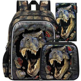 ZLYERT 16" Dinosaur Backpack for Boy, 3Pcs Kids School Bookbag for Elementary Preschool Kindergarten, School Backpacks with Lunch Box(Black)