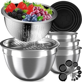 Mixing Bowls with Lids Set, 16PCS Stainless Steel Mixing Bowls,Nesting Storage Bowls for Kitchen with Mixing Bowl, Colander, Strainer & Grater, Metal Bowl for Kitchen Gadgets Salad Bowl, Black