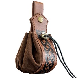 HiiFeuer Medieval Faux Leather Drawstring Pouch, Retro Nordic Portable Coin Purse, Vintage Belt Pouch Dice Bag for LARP Ren Faire(Brown A)