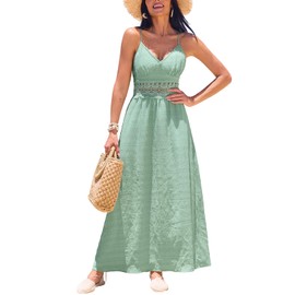 CUPSHE Women Backless Maxi Beach Summer Dress V Neck Lace Cutout Back Tie Spaghetti Strap Casual Wedding Guest Dresses, Mint Green L