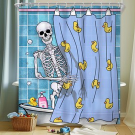 Riyidecor Funny Gothic Skull Shower Curtain 60Wx72H Inch Kids Spooky Skeleton in Bathtub Bathing Rubber Duck Cool Hilarious Modern Boys Bathroom Decor Fabric Polyester Waterproof 12 Pack Hooks