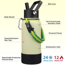 BJPKPK 32oz Insulated Water Bottles with 3 Lids, Paracord Handle & Non-slip Boot, Stainless Steel Metal Water Bottle,Reusable BPA Free Thermos,Macaron Green