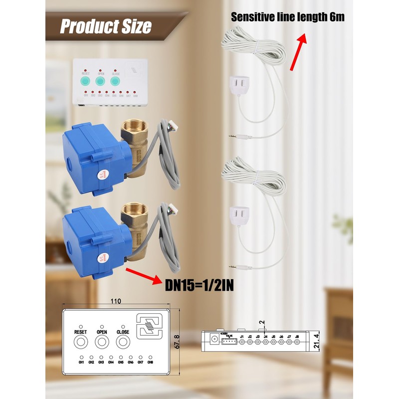 Water Leak Shut Off Valve System for 1/2 Inch Pipes,