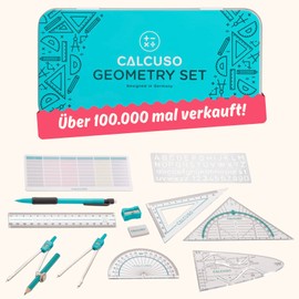 CALCUSO Compass Set Geometry Set 12-piece with Compass, Set Square, Parabola, Pencil, Eraser and Sharpener in Sturdy Metal Box - Practical Maths Set