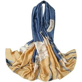 FARIYGATE Women Silk Scarf Satin Large Long Soft Ladies Blue Yellow Floral Neck Scarves Headscarf Lightweight Multi-Use Shawl Elegant Silky Luxury Gifts for Her 79016