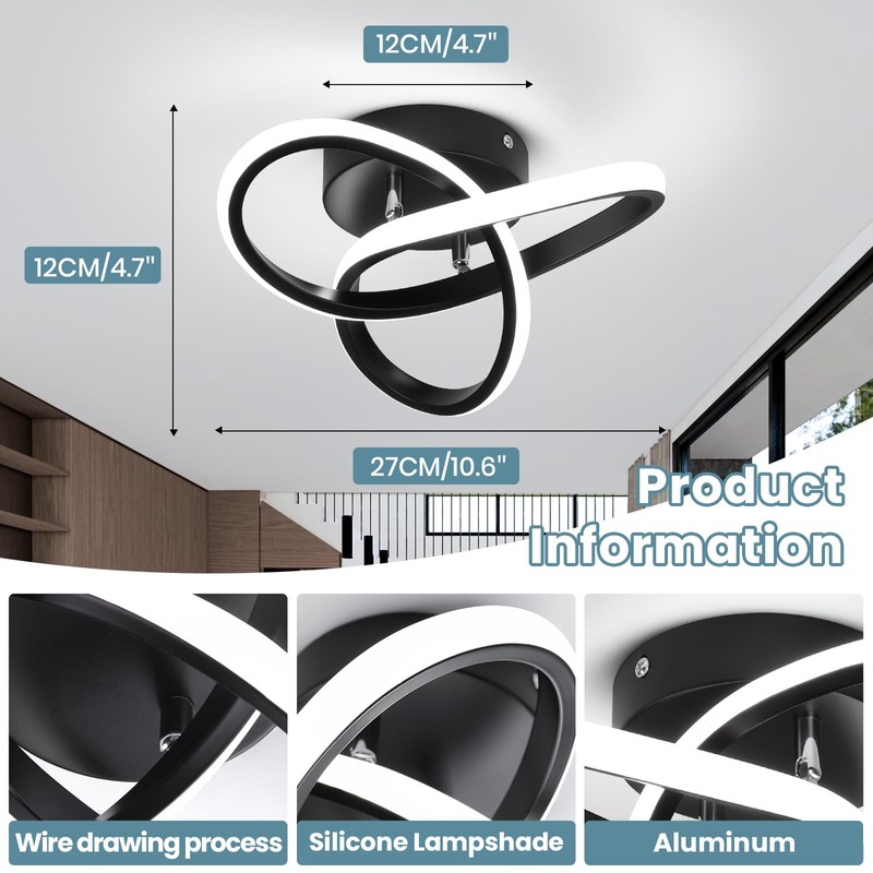CANEOE Black Modern Ceiling Light Fixtures 6000K Semi Flush Mount