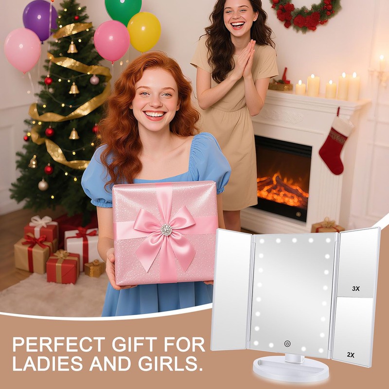deweisn Floor Mount Tri-Fold Lighted Vanity Mirror with 21 LED