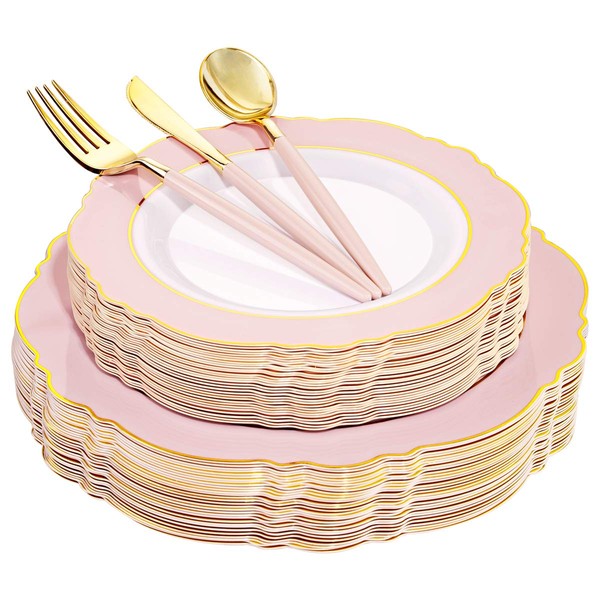 WDF 30Guest Pink Plastic Plates & Gold Plastic Silverware With Pink Handle-Baroque Pink &Gold Plastic Dinnerware for Upscale Wedding &Parties, Mother's Day