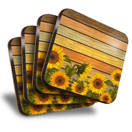 Destination Vinyl ltd Great Coasters (Set of 4) Square - Sunflowers on Rustic Wood Flowers Sun Drink Glossy Coasters/Tabletop Protection for Any Table Type #14663