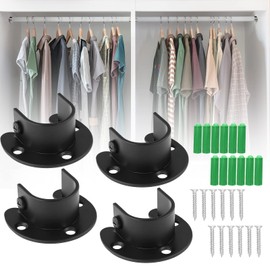 Qjaiune 4PCS Closet Pole Socket Set Wardrobe Rod Bracket, 1-1/4 Inch Curtain Rod Support Bracket Black Closet Rod Holder, Stainless Steel Closet Flange Heavy Duty Closet Rod End Supports (U Shaped)