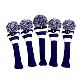 Majek Golf Club 3 5 7 9 11 White and Blue Limited Edition Fairway Wood Head Covers Tour Knit Retro Vintage Pom Classic Long Neck Metal Longneck Woods Headcovers