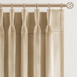 Drapenova 90 Inches Long Velvet Pinch Pleated Curtains for Living Room Bedroom Beige Modern Luxury Room Darkening Thermal Insulated Sound Dampening Curtains Drapes with Hooks Rings,Set of 2