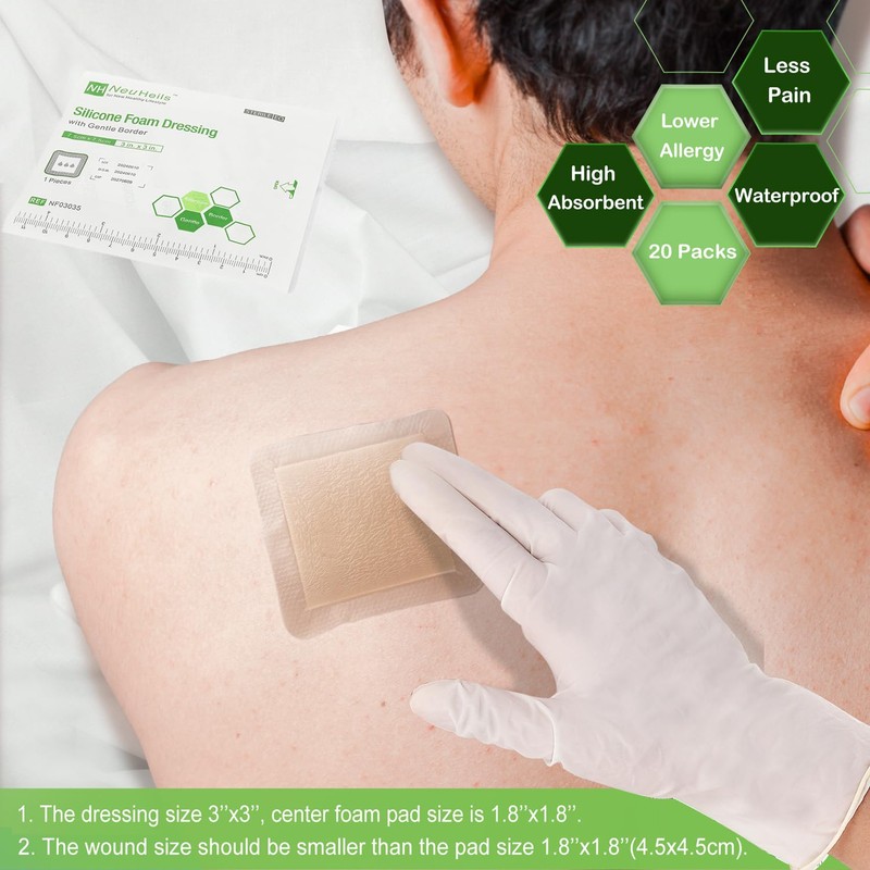 NeuHeils Silicone Foam Dressing with Gentle Border 3''x3'', 20 Packs