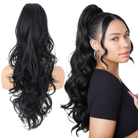 SOMOREATY Ponytail Extension, 24" Claw Clip in Ponytail Extensions Synthetic Hairpiece Long Curly Wavy Layered Hair Extension Jaw Clip on Pony Tails for Women Black