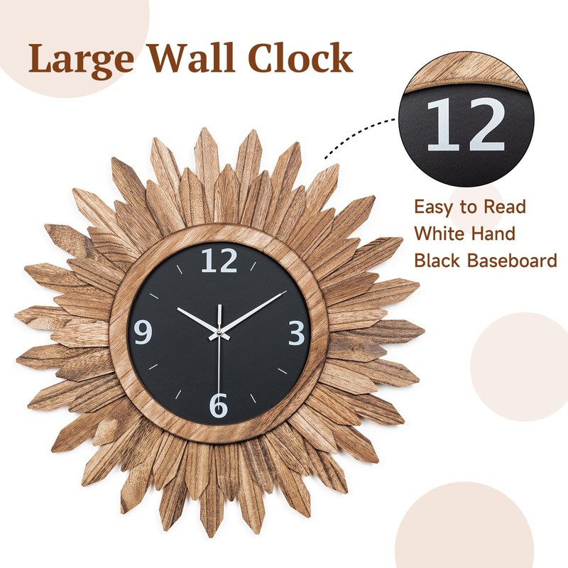 Honiway 16 Inch Wall Clocks, Rustic Wood Boho Sunburst Decorative