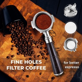 Pawn Noir 58mm Double Spouts Espresso Portafilter with 2 Ear | Fits E61 | Faema/Flair/Rocket/Sanremo/Expobar | Portafilter with Stainless Steel Basket&Solid Wood Handle (58mm Double Spouts 2 Ear)