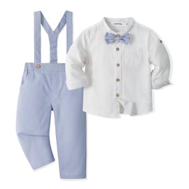 Volunboy Toddler Boys Wedding 4Pcs Linen Set Baby Formal Gentleman Suspenders Bowtie Outfits Long Sleeve Dress Clothes (Skyblue, 12-18 Months)