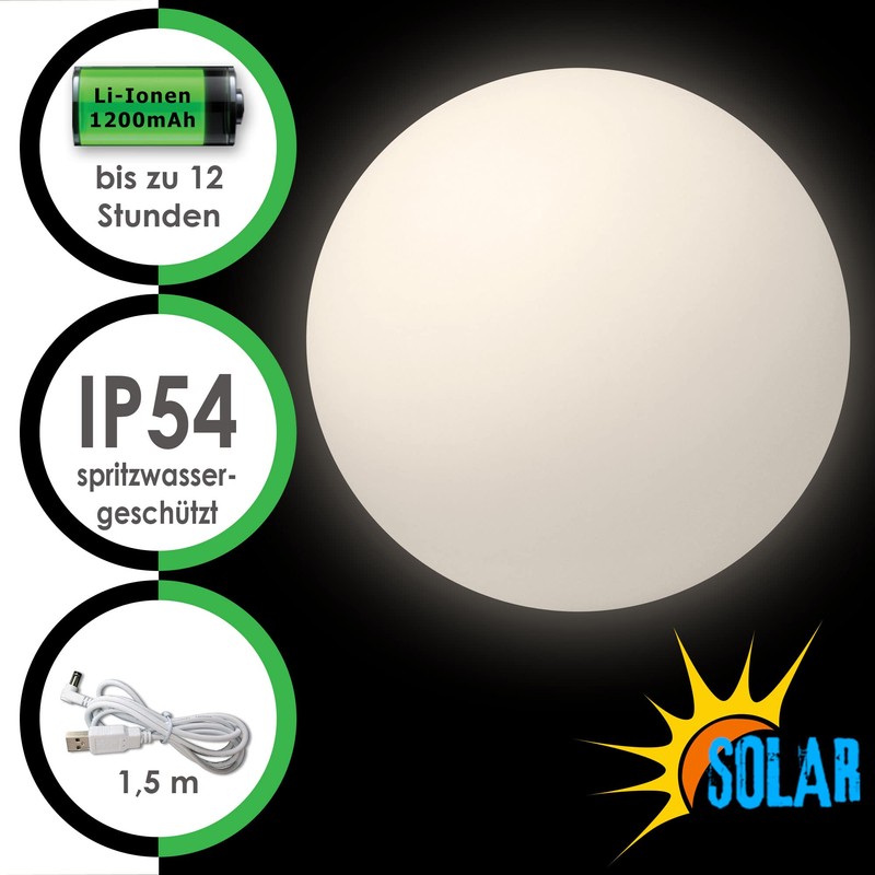 @tec Wireless Solar LED Ball Lamp, Warm White, 30 cm