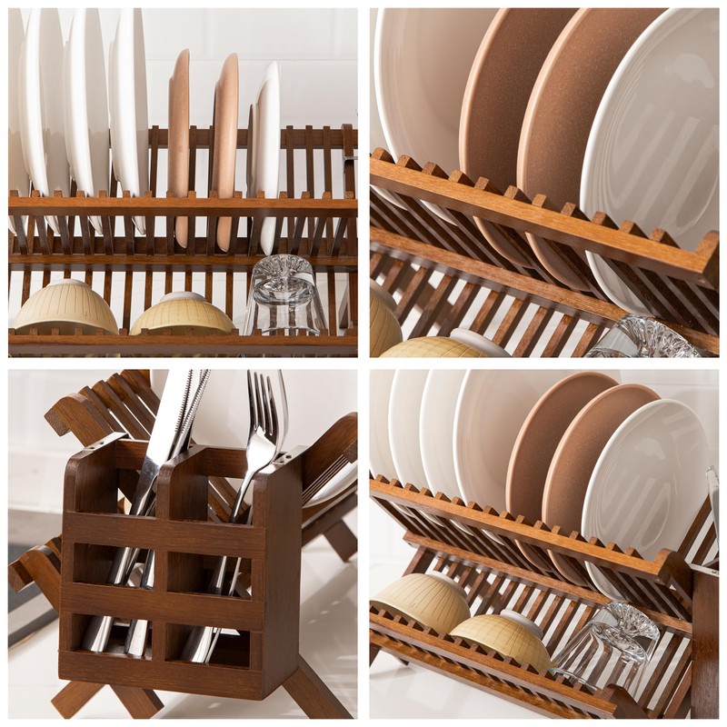 HBlife Dish Rack,Teak Folding 2-Tier Collapsible Drainer Dish Drying Rack