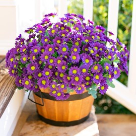 Artificial Daisy Fake Flowers Plants for Outdoors Decoration, 6 Bundles Faux Daisy Bouquet, Purple Silk Flowers for Outside Fake Mums for Planter Front Door Porch Urn Patio Balcony Garden Yard Home