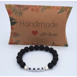 Bracelet with Name Made of Natural Lava Beads – Individually Handmade for You – Friendship Bracelet Partner Bracelet with Letter Beads (Heart Pearl Silver)