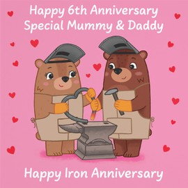 Hunts England - Mummy And Daddy 6th Anniversary Card - Iron Anniversary - Sixth Anniversary - 6 Years - Cute Fun Bears Card - Love Story Collection