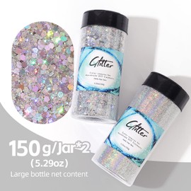 Craft Glitter, 380g Nail Glitter Powder 10 Jars Glitter with Tools,AARDWO Vibrant Multi-Purpose Glitter for Body,Eyeshadow,Cosmetic,Nail Arts,Crafts,Decoration,DIY(Hexagon Shape, Silver)