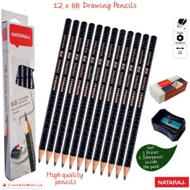 NATARAJ Professional Artist Drawing Pencils Pack Draw Sketch Tone Shade Write (12 x 6B Grade Pencils + Sharpener + Eraser + 1 x ZOFAX Black Pen)
