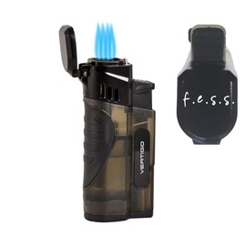 F.e.s.s. Stinger Quad Torch Lighter with Built-in Punch Cutter – Wind-Resistant, Refillable Butane Lighter for Cigars and More by Lotus Vertigo (Charcoal)
