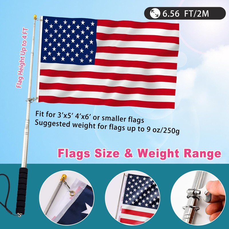 6.56FT Portable Handheld Flag Pole for Carrying Stainless Steel Telescopic