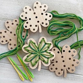 St Patricks Day Gifts : 1x Pre-Cut Wooden Craft 3X Yarn Colors 2X Needles Shamrock Craft for St Patricks Day Ornament, Shamrock Ornaments (Multi)