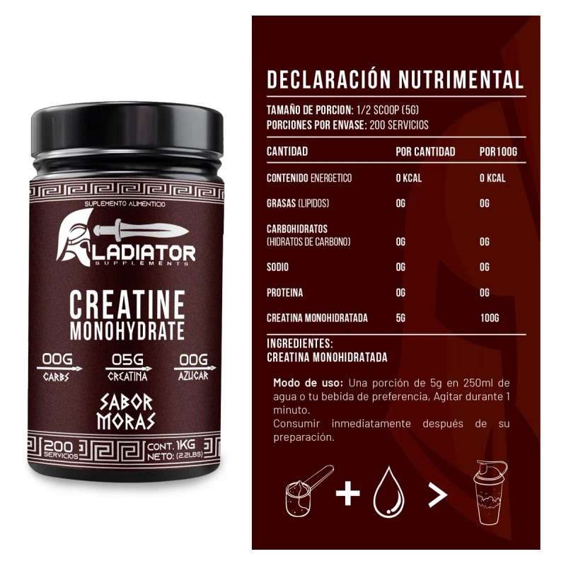 Creatina Gladiador Monohidratada 1k C/u 200 Servicios Varios Moras-mango