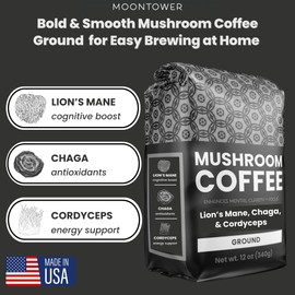 Moontower Organic Medium Roast Mushroom Coffee - Organic Lions Mane, Chaga, and Cordyceps Mushrooms, Mushroom Blend, Bold, and Smooth Brew Enhances Cognition, Promotes Zen-Like Awareness (12 oz)