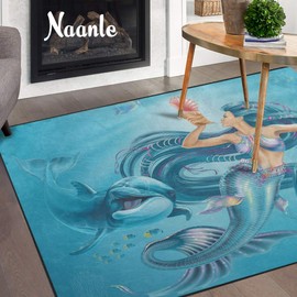 Naanle Ocean Mermaid Dolphin Non Slip Area Rug for Living Dinning Room Bedroom Kitchen, 3' x 5'(39 x 60 Inches), Animal Nursery Rug Floor Carpet Yoga Mat
