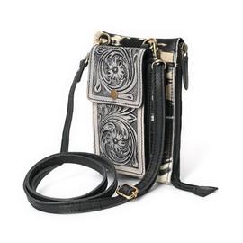 Merbaa Tooled Leather Crossbody Phone Bag – Western Cowhide Mini Purse with Strap – Boho Cowgirl Cell Phone Holder with Floral Embossing – Small Sling Bag for Women