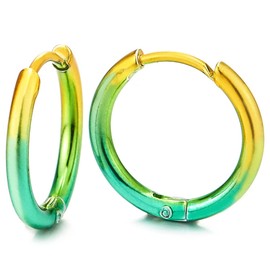 Pair Stainless Steel Oxidized Yellow Green Plain Circle Huggie Hinged Hoop Earrings for Men Women
