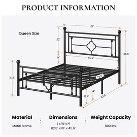 SHA CERLIN 14 Inches Queen Size Metal Platform Bed Frame/Vintage Iron-Art Headboard and Footboard/Mattress Foundation for Storage/No Box Spring Needed/Noise-Free/Easy Assembly/Black
