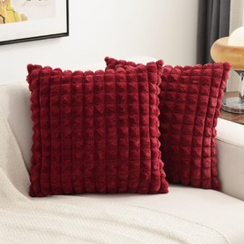 FUTEI Burgundy Decorative Throw Pillow Covers 14x14 Inch Set of 2,Wine Red Square Cushion Case,Fluffy Faux Rabbit Fur Plaid & Soft Velvet Back,Modern Home Decor for Couch Bed