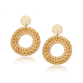 Lightweight Rattan Statement Earrings for Women,Geometric Tassel Woven Boho Earrings Handmade Straw Wicker Braid Hoop Drop Dangle Earrings (B)